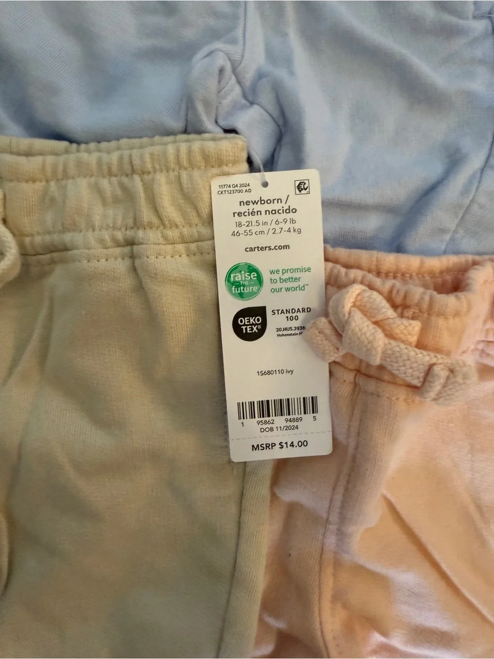 NWT BUNDLE Carters 3 Baby Jogger Pants Trio - Blue, Cream, Pink